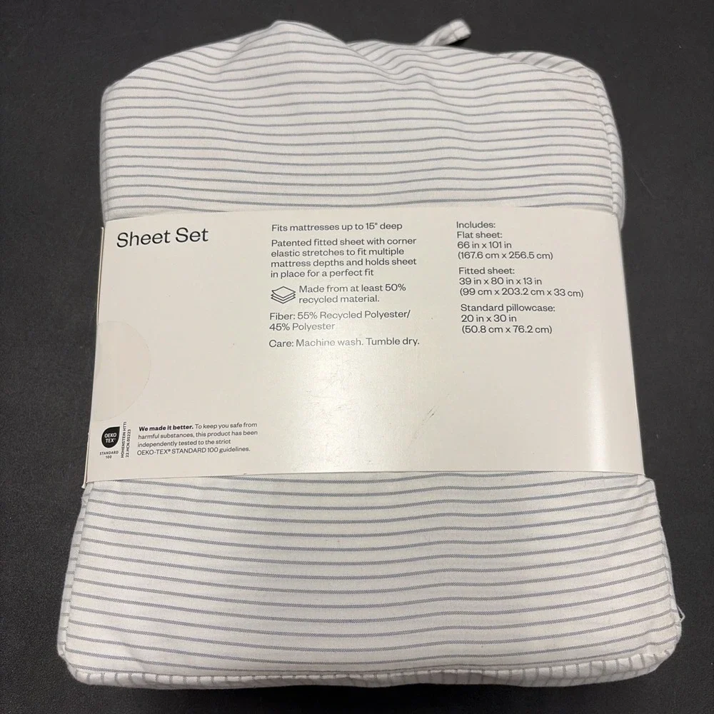 Room Essentials Twin Or XL Twin Size Bed Sheet Set, White W Gray Stripes 20622